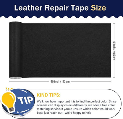 Zenyao Leather Repair Patch Tape - Self Adhesive Leather Repair Kit for Car Seat Furniture, Heavy Duty Vinyl Repair Patch for Couch Sofa, Waterproof for Rips Scratches Tears, 16x60 Inch Roll, Black