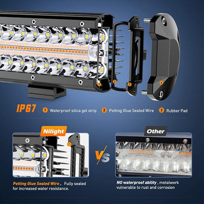 Nilight 12Inch 300W LED Light Bar 2PCS 4Inch 60W Light Pods Amber White Strobe 6 Modes Memory Function Reset Function Off Road Truck with 16AWG Wiring Harness Kit-3 Leads, 2 Years Warranty