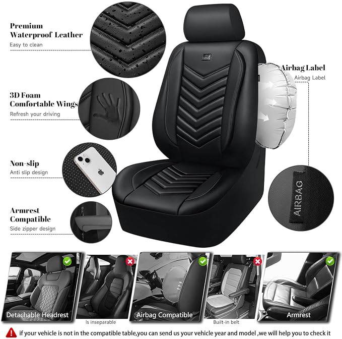 CAR PASS 3D Foam Faux Leather Seat Covers Front Seats,Waterproof Leather Front Seat Cover for Cars,Luxury Universal Fit for SUV Truck Sedan Automotive, Armrest Airbag Compatible Anti-Slip, Black