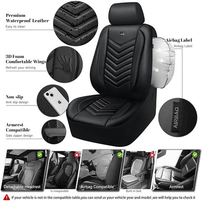 CAR PASS 3D Foam Faux Leather Seat Covers Front Seats,Waterproof Leather Front Seat Cover for Cars,Luxury Universal Fit for SUV Truck Sedan Automotive, Armrest Airbag Compatible Anti-Slip, Black