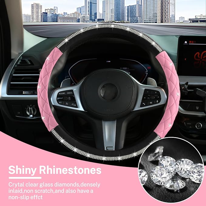 Steering Wheel Cover，with Diamond Crystal Rhinestone,Delicate and Anti-Slip Bling Steering Wheel Cover ，Adaptable to 14.5-15 inches Car Wheel Protector for Women Girl ，Black & Pink