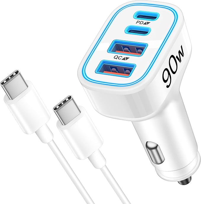 iPhone 17 16 15 Car Charger, 90W 4-Port Fast USB C Car Charger Cigarette Lighter Adapter with 3FT Type C to C Cable for iPhone 17/17 Pro/17 Pro Max/17e/Air/16/16 Pro/16e/15 Pro Max/Plus, iPad, Android