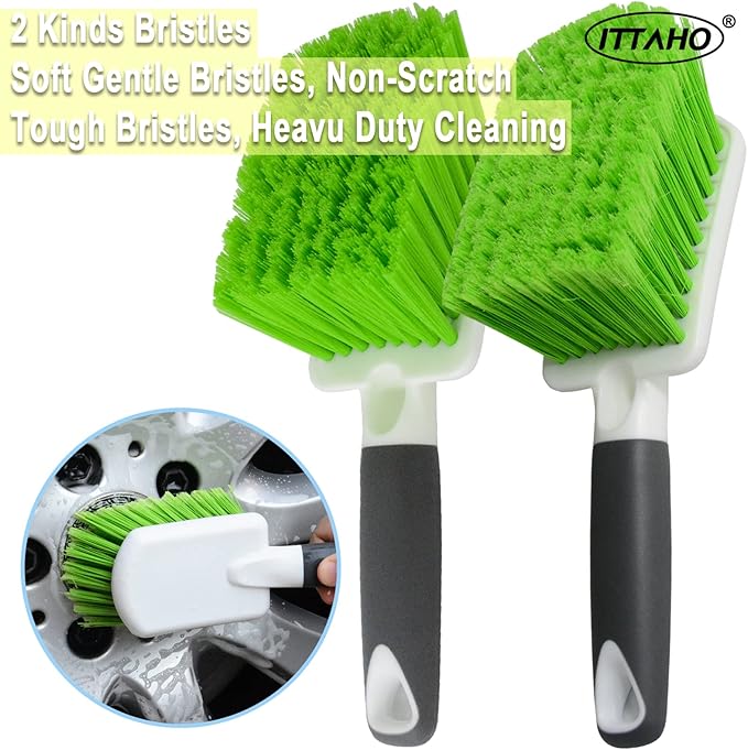 2 Pack Car Wash Brush, Tire Brush for Cleaning Tires, Soft & Stiff Bristle Wheel Cleaner, Car Cleaning Supplies for Wheels, Rims, Carpet, Truck, SUV, Moto, RV, Motorcycle