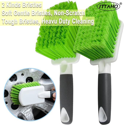2 Pack Car Wash Brush, Tire Brush for Cleaning Tires, Soft & Stiff Bristle Wheel Cleaner, Car Cleaning Supplies for Wheels, Rims, Carpet, Truck, SUV, Moto, RV, Motorcycle
