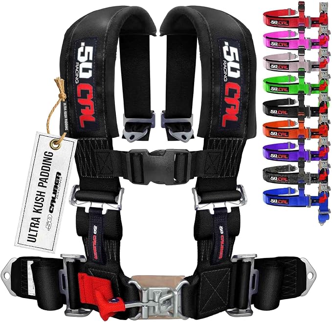 50 Caliber Racing 4 Point Harness - Ultra Kush Padding Safety Restraint System for UTV ATV SXS - Quick Release Latch - 9 Colors Available - Professional Grade [6008] 1pc Black
