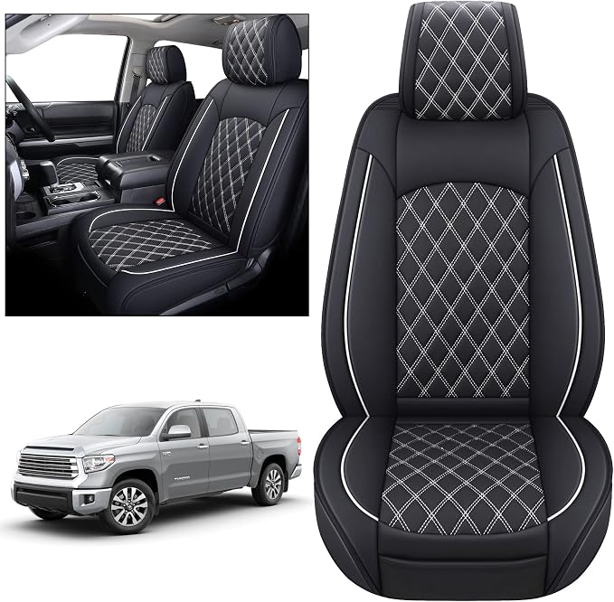 YIERTAI Seat Covers for Toyota Tundra Truck Custom Fit 2008-2023 2024 2025 2026 Crewmax Double Cab Crew Cab Waterproof Leather Airbag Compatible(2 PCS Front only/Black-White)