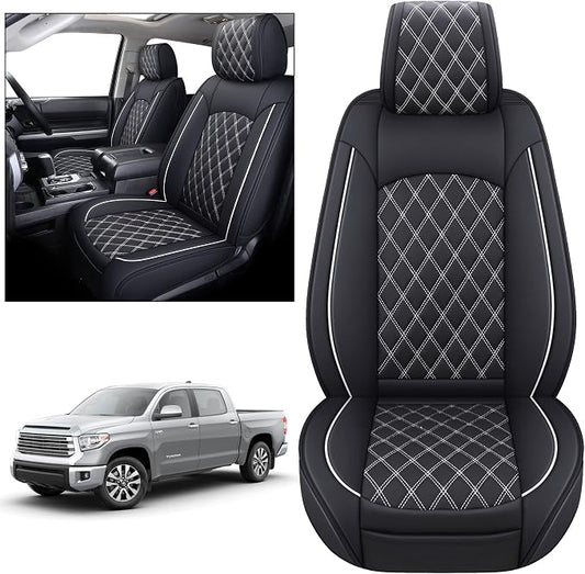 YIERTAI Seat Covers for Toyota Tundra Truck Custom Fit 2008-2023 2024 2025 2026 Crewmax Double Cab Crew Cab Waterproof Leather Airbag Compatible(2 PCS Front only/Black-White)
