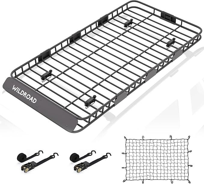 Wildroad Car Roof Cargo Carrier Combo - Upgraded 84"x 39"x 4" Roof Rack Basket, Super Duty Bungee Net. Universal Car Top Luggage Holder Fits SUV, Truck, Cars