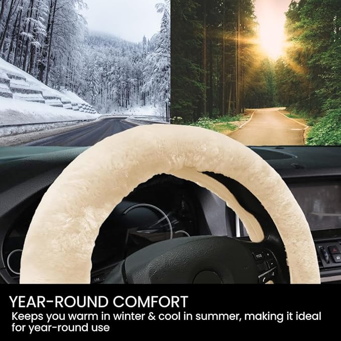 Andalus Brands Luxury Fluffy Car Steering Wheel Covers – Genuine Merino Sheepskin, Soft Fuzzy Car Steering Wheel Cover for Women, Universal 14.5-15" Size, Plush Fur Cute Auto Accessories, Pearl