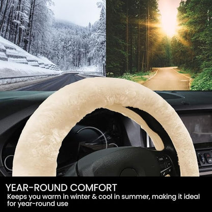 Andalus Brands Luxury Fluffy Car Steering Wheel Covers – Genuine Merino Sheepskin, Soft Fuzzy Car Steering Wheel Cover for Women, Universal 14.5-15" Size, Plush Fur Cute Auto Accessories, Pearl