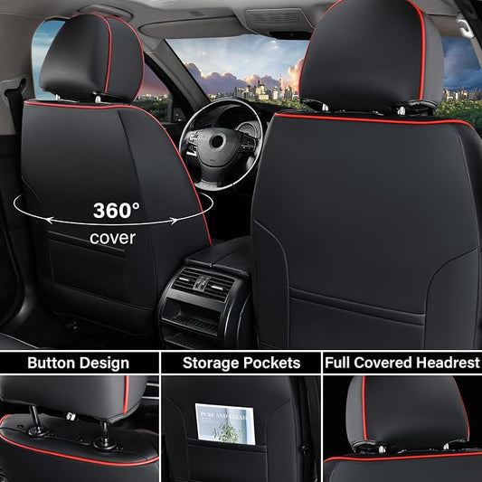Coverado Front Car Seat Covers, 2Pcs Leather Seat Covers for Cars, Car Seat Protector Front Seats Only Auto Car Accessories Fit for Most Sedans SUV Pick-up Truck(Black&Red)