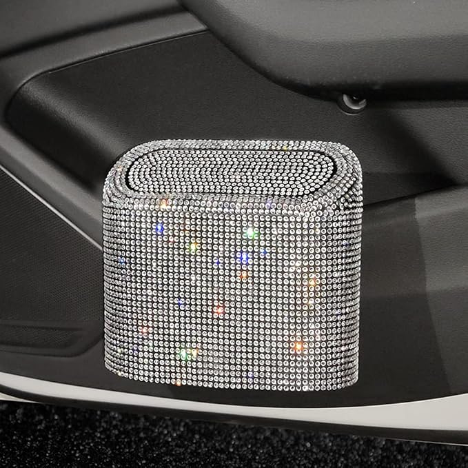 Bling Rhinestone Car Trash Can, White, Swing-Lid