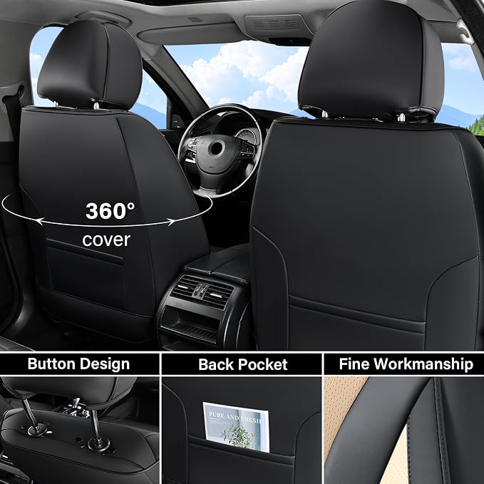 Coverado Waterproof Nappa Leather Car Seat Covers, Automotive Fullset Seat Covers, 5 Seat Car Seat Cushion & Seat Protector, Black&Beige Front and Rear Covers Universal Fit for Most Cars, SUVs, Trucks