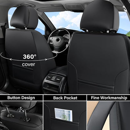 Coverado Waterproof Nappa Leather Car Seat Covers, Automotive Fullset Seat Covers, 5 Seat Car Seat Cushion & Seat Protector, Black&Beige Front and Rear Covers Universal Fit for Most Cars, SUVs, Trucks