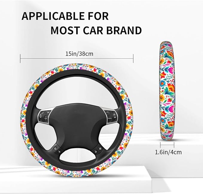 Mexican Floral Steering Wheel Covers Non Slip Neoprene Universal 15 Inch Steering Wheel Protector Car Cover for Men Women
