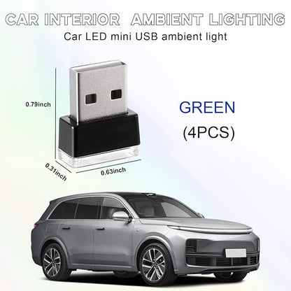 4 PCS USB LED Car Interior Atmosphere Lamp, Portable Mini LED Night Light, Plug-in USB Interface Trunk Ambient Lighting Kit, Universal Interior Car Accessories (Green)