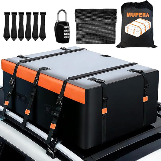 Mupera 21 Cubic Ft Waterproof Rooftop Cargo Carrier Bag for Cars SUVs | Fits With/Without Roof Rack, Anti-Slip Mat & 6 Door Hooks, Lock Included, Soft Shell Top Carrier
