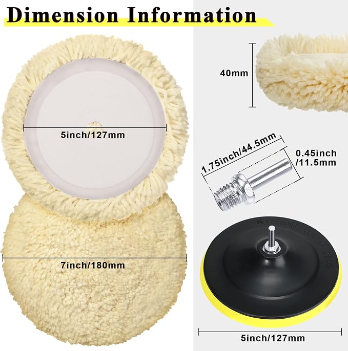 Tallew 6 Pcs 5 Inch Wool Buffing Polishing Pads Hook Loop Cutting Pads with Backing Plate for Car, Boat, Wood, Marble Surface Polishing & Scratch Removal (Original Color)