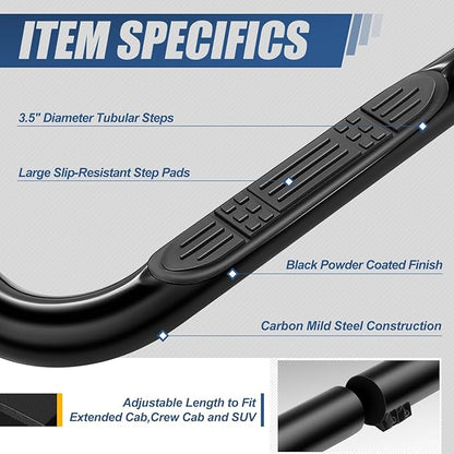 Auto Dynasty Running Boards Retractable and Adjustable Design, Compatible with 1999-2011 Silverado Sierra Suburban Tahoe Dodge Ram Yukon XL Extended Crew Cab, Mild Steel Tubular Side Steps, Black