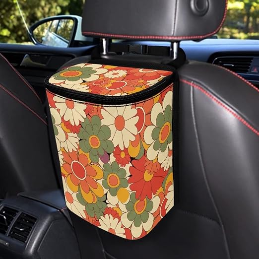 Y2K Hippie Daisy Flower Print Car Trash Can with Lid Accessories for Women Aesthetic Boho Portable Trash Bin Hanging Back of Seat Collapsible Leak Proof Multipurpose Vehicle Garbage Can