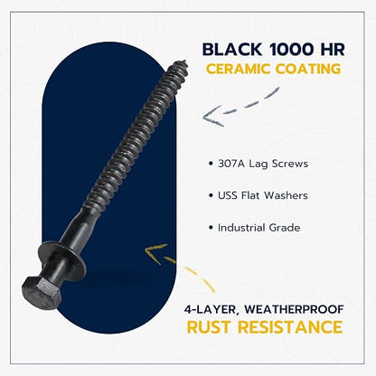 3/8 x 5 (50 Pack) Lag Screw Kit, 50 Screws and 50 Washers, Ceramic Black Ruspert Coating for Exterior Use, Meets ASTM A307 and ASME B18.2.1, Industrial/Commerical Grade by Makers Bolt
