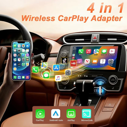4 in 1 Wireless CarPlay Adapter with Screen Mirroring – Supports Apple CarPlay & Android Auto & AirPlay & MirrorLink, 2026 Upgraded screen mirroring dongle for car, USB-A/USB-C Connection, Plug & Play