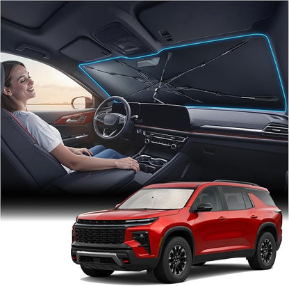 Nmoiss Windshield Sun Shade Umbrella [Vinyl Coating Heat Shield] Compatible with Chevy Traverse, Keep Cool, Block 99% UV Rays & Protect Interior Dashboard & Seats, Traverse Accessories