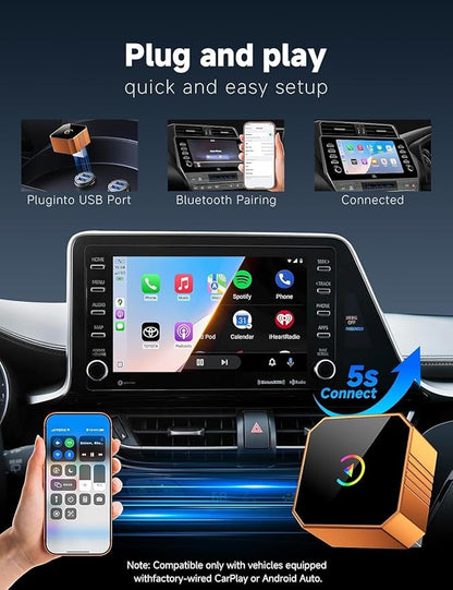 2026 Wireless CarPlay Adapter for iPhone ＆ Android Auto Mini Wired to Wireless Apple Car Play Adapter Plug & Play Compatible for iPhone iOS 10+ Android 11+ with After 2016 Cars