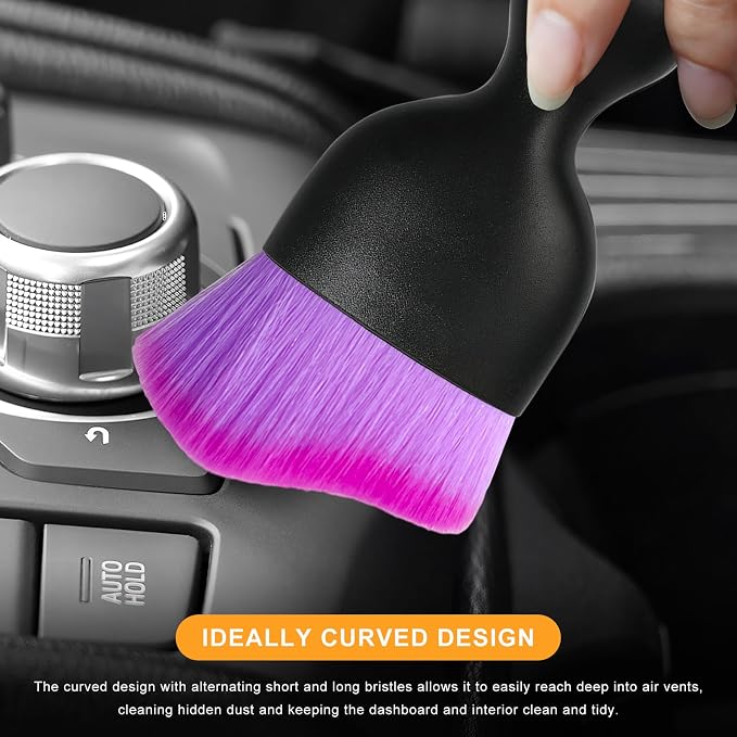 Car Interior Detailing Brush, Curved Car Interior Cleaning Brush with Ultra Soft Bristles & Dust Cover, Scratch-Free Auto Dusting Brushes for Dashboard AC Vent Leather (Purple)