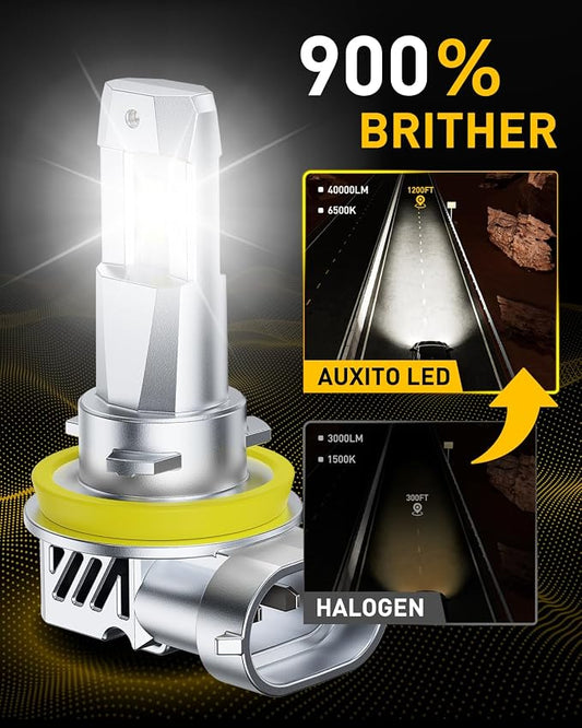AUXITO H11 LED Bulbs, 50000LM 900% Super Bright, 60000+ Hours Life Service, 6500K Cool White, 1:1 Mini Size Wireless H8 H9 Fog Light Halogen Replacement, Plug & Play, Pack of 2