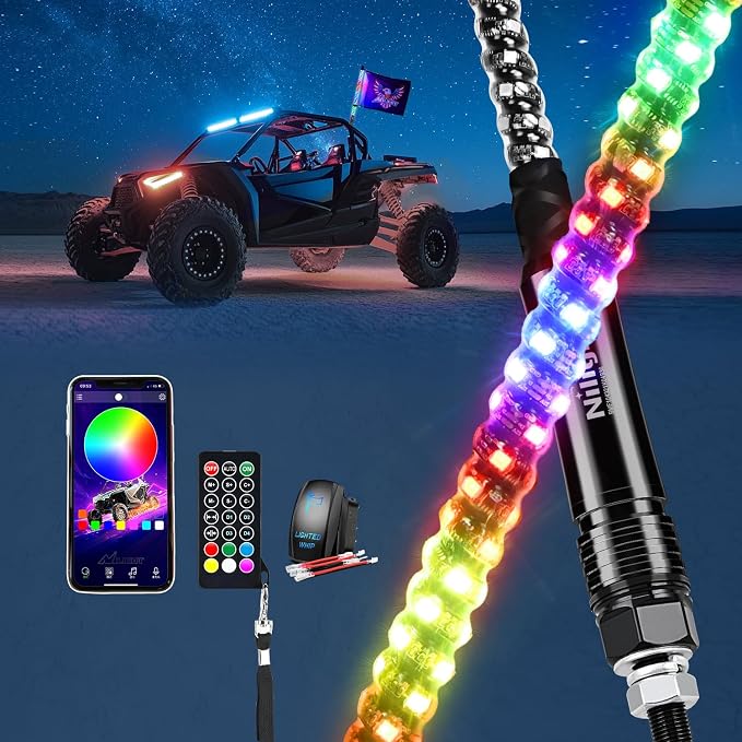 Nilight RGB Whip Light 1PC 2FT Lighted Antenna Whips with Remote & App Control DIY Chasing Patterns Brake Reverse Lights for ATV UTV Polaris RZR Can-am Dune Buggy Pickup Trucks Jeep