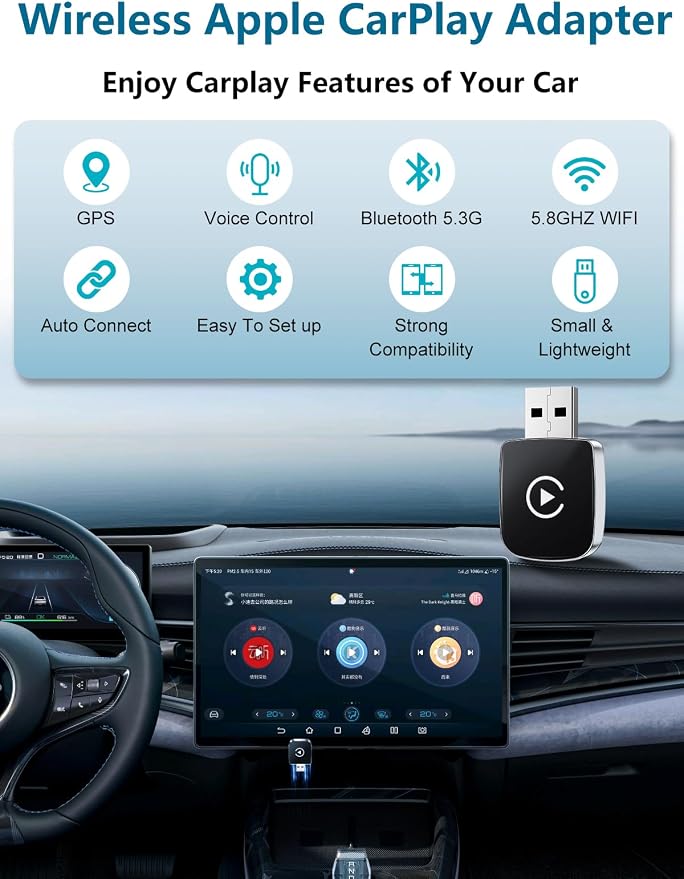 CarPlay Adapter for iPhone, Wireless Car Play Adapter, Converts OEM Wired Apple CarPlay to Wireless, Extension USB & USB-C/Type-C, Low Latency