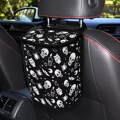 Gothic Skull Moon Star Owl Halloween Print Car Trash Can for Back Seat Leakproof Garbage Can with Lid Portable Collapsible Trash Bin Hanging Backseat Truck Organizer Car Accessories