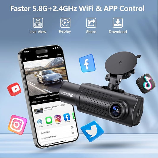 4K+1080P+1080P 5.8GHz WiFi Dash Cam Front and Rear Inside, Free 64G SD Card, 4K UHD 3 Channel Dash Camera for Cars, 360° All Sides Dashcam, G-Sensor, Night Vision, WDR, 24H Parking Monitor