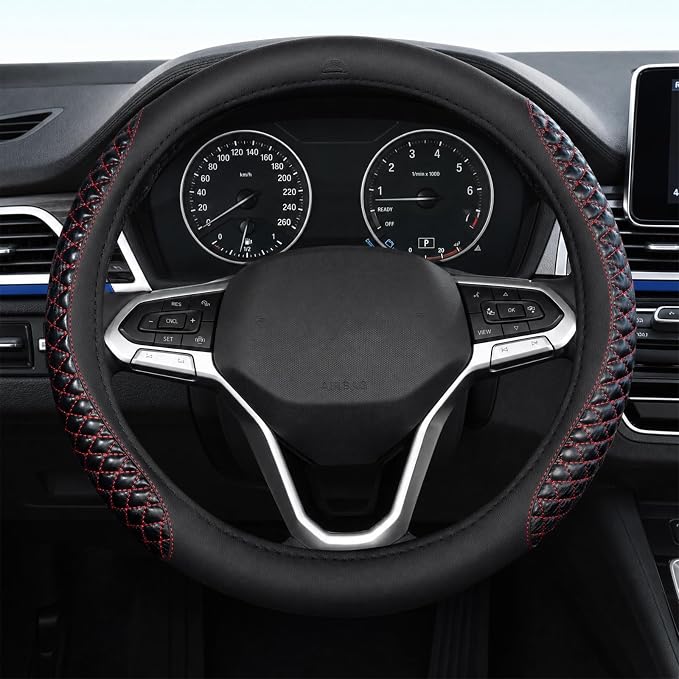 Coverado Nappa Leather Steering Wheel Cover Universal 14-15 Inch Anti-Slip Breathable Steering Wheel Protector Luxury Auto Decor for Men Women Redline