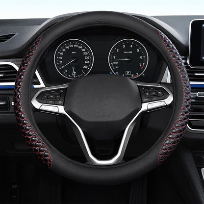 Coverado Nappa Leather Steering Wheel Cover Universal 14-15 Inch Anti-Slip Breathable Steering Wheel Protector Luxury Auto Decor for Men Women Redline