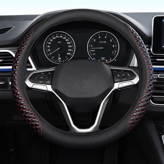 Coverado Nappa Leather Steering Wheel Cover Universal 14-15 Inch Anti-Slip Breathable Steering Wheel Protector Luxury Auto Decor for Men Women Redline