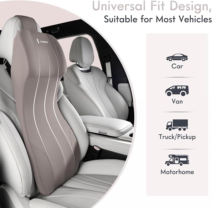 FLORICH 2-in-1 Memory Foam Car Seat Lumbar Support with Headrest Pillow Ergonomic Car Headrest & Lumbar Cushion Back Support Pillow Car Seat Cushion for Driving Neck Back Pain Relief, Gray