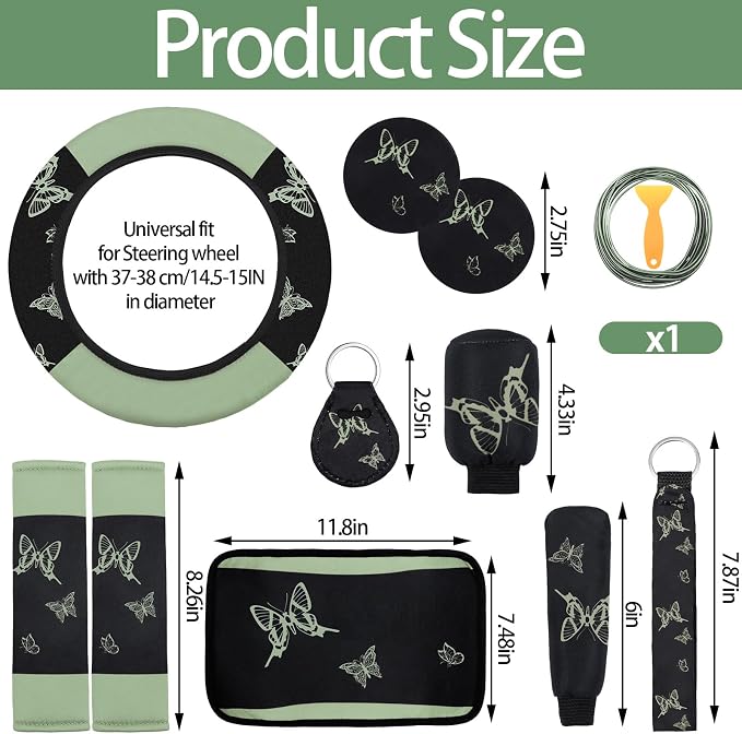 BBTO 43 Pcs Butterfly Car Seat Full Set Butterfly Car Accessories for Women 5 Front Rear Seat Covers Wrist Strap 2 Pcs Cup Mat Armrest Pad 2 Belt Xmas Cover Accessories for SUV(Green, Black)