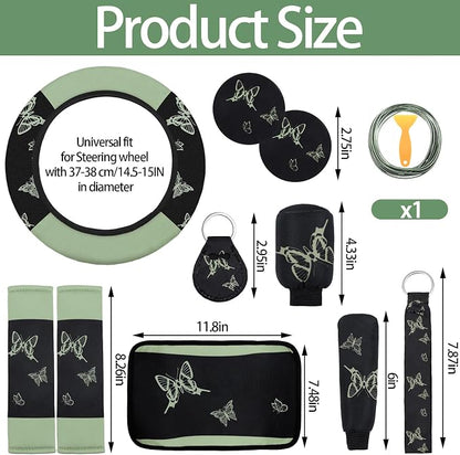 BBTO 43 Pcs Butterfly Car Seat Full Set Butterfly Car Accessories for Women 5 Front Rear Seat Covers Wrist Strap 2 Pcs Cup Mat Armrest Pad 2 Belt Xmas Cover Accessories for SUV(Green, Black)