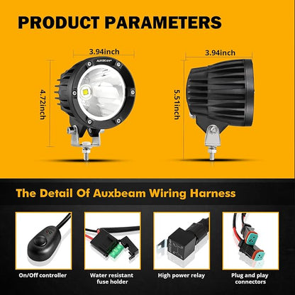 Auxbeam 4 Inch 72W Round Offroad Lights, 2PCS 7200LM LED Driving Pod Spot Lights White Beam with Wiring Harness Fit for Jeep Vehicle Truck SVU Motorcycle UTV