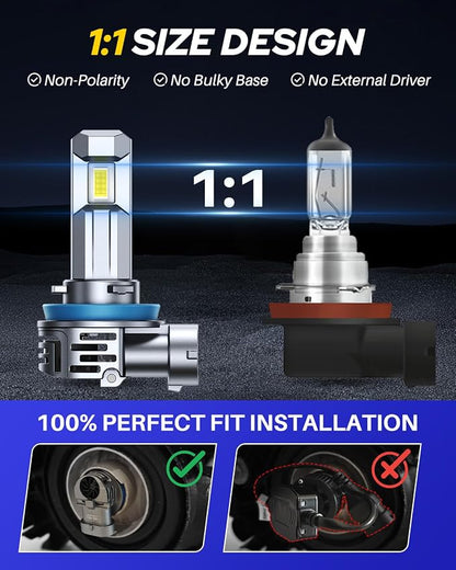 AUTOONE H11 LED Bulb 1:1 Mini Size, 40000LM H8/H9/H11 Light Bulb Replacement, Canbus Longer Lifespan IP68, Easy Install, Pack of 2