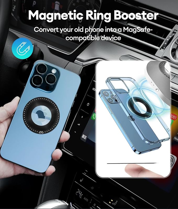 HexaCharge 4-in-1 Wireless Car Adapter – Works with Apple CarPlay and Android Auto, Magnetic Phone Mount with Wireless Charging, Converts Wired to Wireless for iPhone & Android