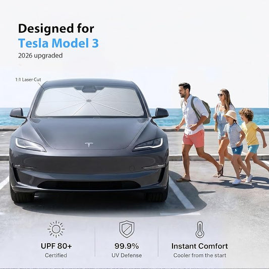 2026 Upgraded Windshield Sun Shade Umbrella for Tesla Model 3 [Precision Custom Fit, Superior UV & Heat Block] Cooling Tech Fabric, Durable Foldable with Storage Bag, Fits 2017-2026