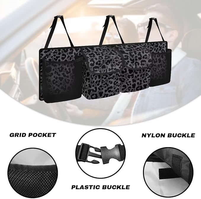 Black Leopard Print Backseat Trunk Organizer for Car Trunk Storage Bag with Lid Hanging Multipurpose Cargo Bag,Easy to Install