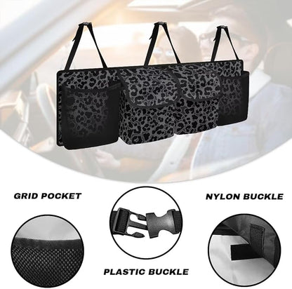 Black Leopard Print Backseat Trunk Organizer for Car Trunk Storage Bag with Lid Hanging Multipurpose Cargo Bag,Easy to Install