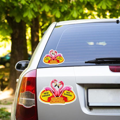3 Pcs Reflective Student Driver Magnet and Stickers Set - Funny Animal New Driver Safety Signs for Car, Waterproof & Weatherproof High Visibility Vehicle Bumper Decals, Magnet + Stickers (Flamingo)