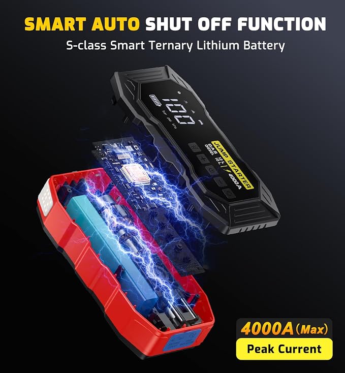 Jump Starter with Air Compressor 4000A Portable Car Battery Jump Starter (All Gas/10L Diesel), 160PSI Auto-Shutoff Tire Inflator Air Compressor, SuperSafe 12V Jump Box Car Battery Jumper Booster