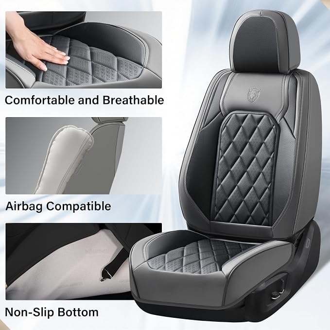 Coverado Seat Covers Full Set, Faux Leather Seat Covers for Car, Waterproof Car Seat Protectors 5 Seats, Automotive Seat Covers Universal Fit for Most Cars SUV Trucks- Gray&Black