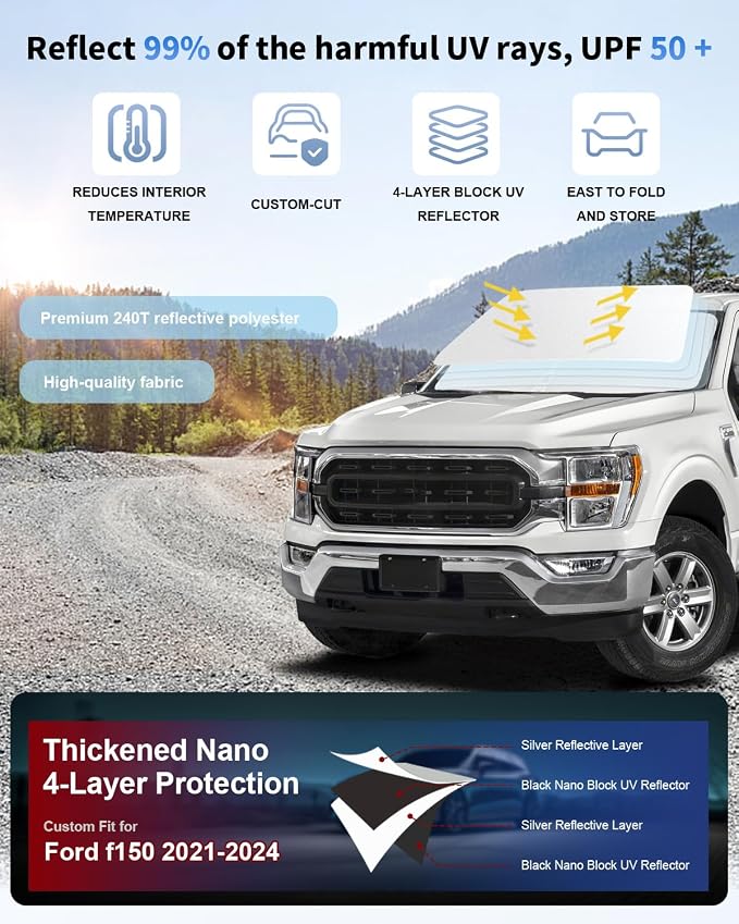 Custom Fit Windshield Sun Shade for Ford F150 2021-2026 (Lariat, Raptor, King Ranch), Blocks UV & Heat, Front Window Sunshade Accessories, Easy Fold & Store Keep Your Car Cooler